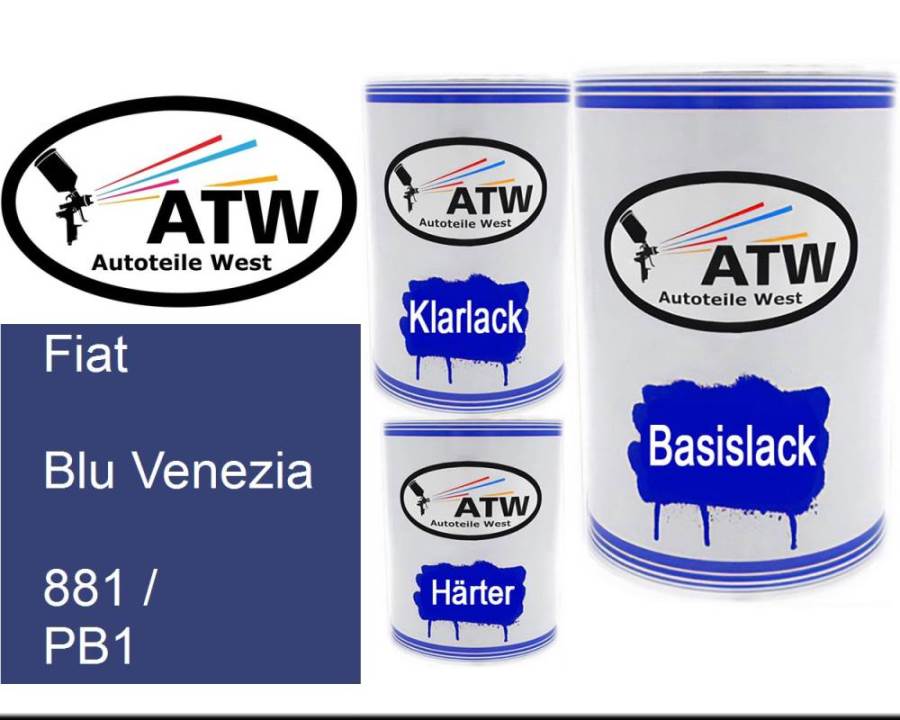 Fiat, Blu Venezia, 881 / PB1: 500ml Lackdose + 500ml Klarlack + 250ml Härter - Set, von ATW Autoteile West.